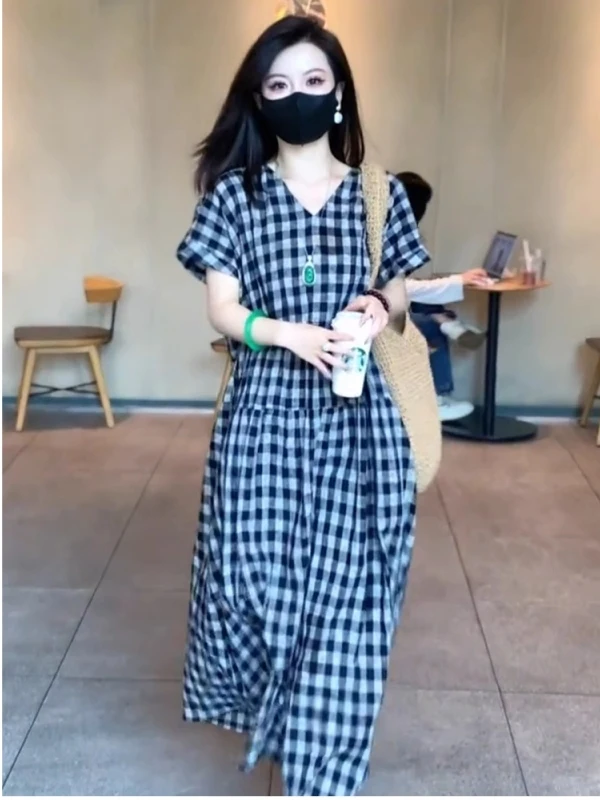 정통 패션 체크무늬 드레스 여성용 중간 길이 코튼 린넨 스커트 슬리밍 여름 A라인 드레스 캐주얼 V넥 반팔