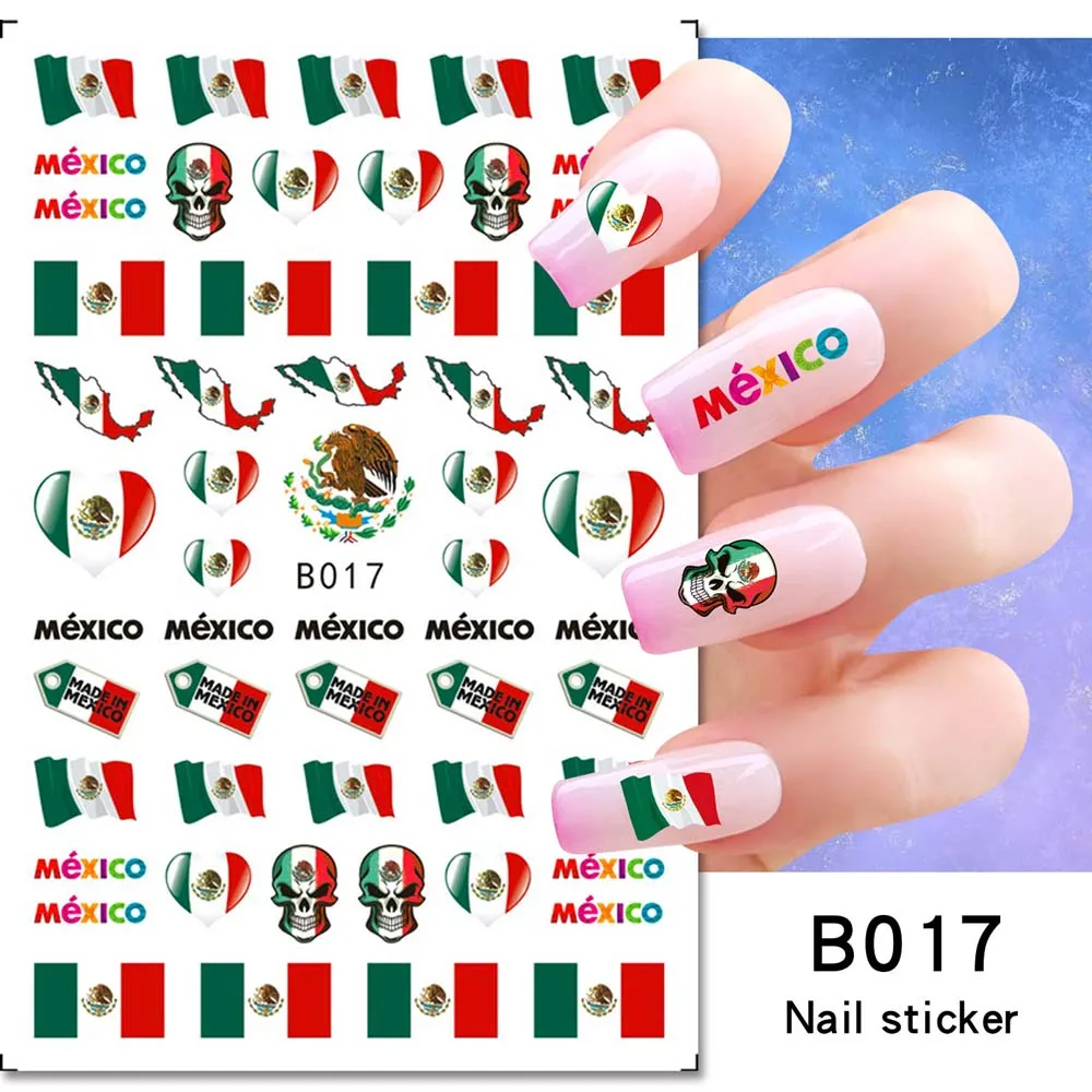 1Pcs Mexico USA Flag Nail Art Stickers American Independence Day National Mexican Butterfly Heart Flame Series Nail Decal Slider 5