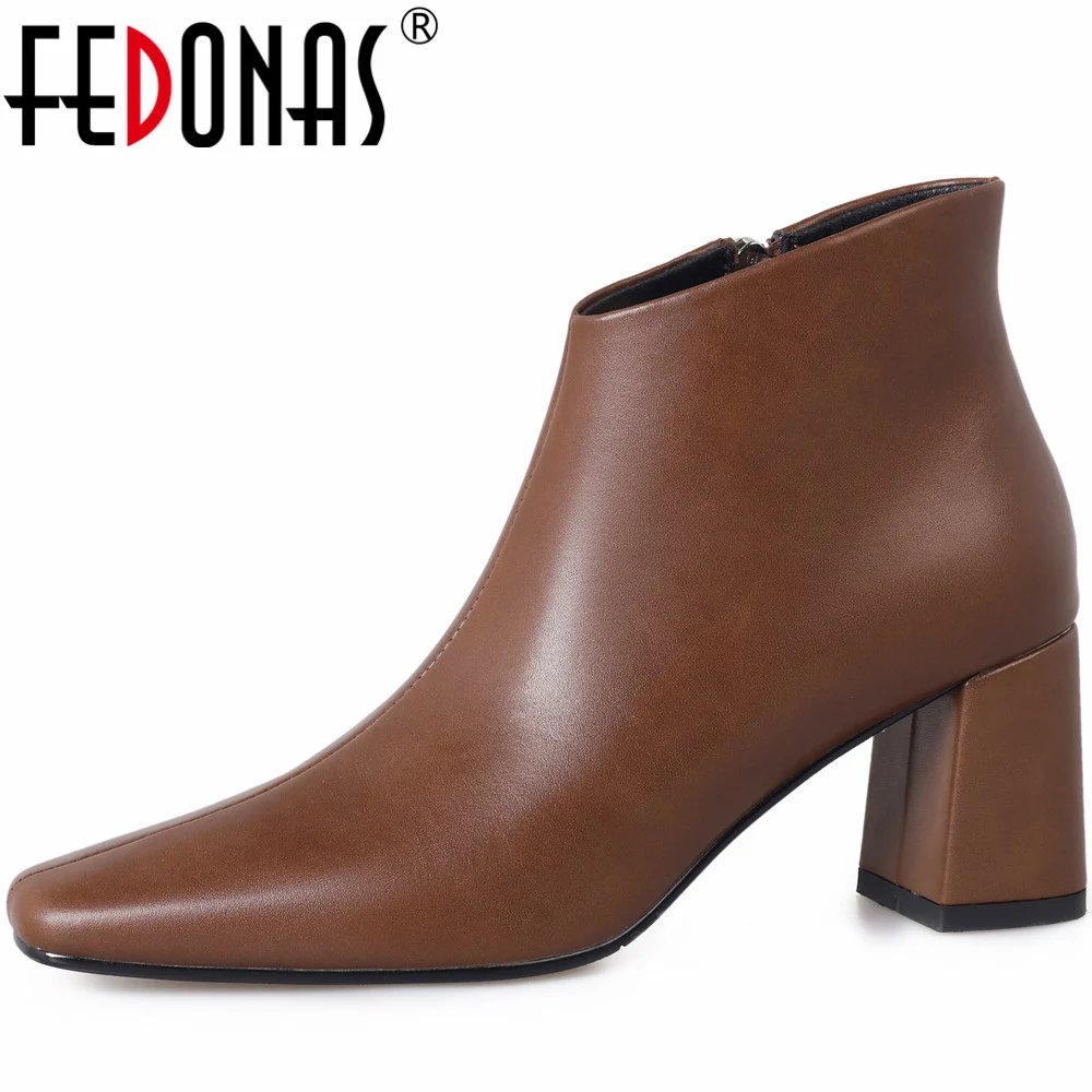 

FEDONAS Concise Genuine Leather Women Ankle Boots Thick High Heels Square Toe Office Lady Basic Shoes Woman Autumn Winter New
