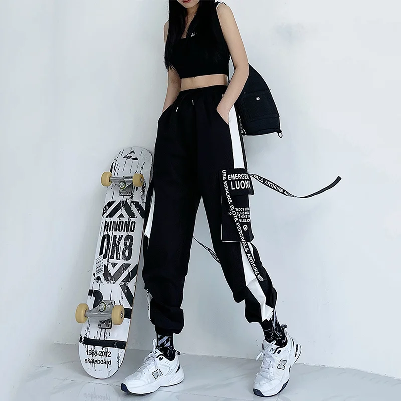 capri leggings Big Pocket Patchwork Frenulum Elastic Waist Cargo Pants Punk Casual Spring Fashion Hip Hop Streetwear Woman Pant plus size clothing Pants & Capris