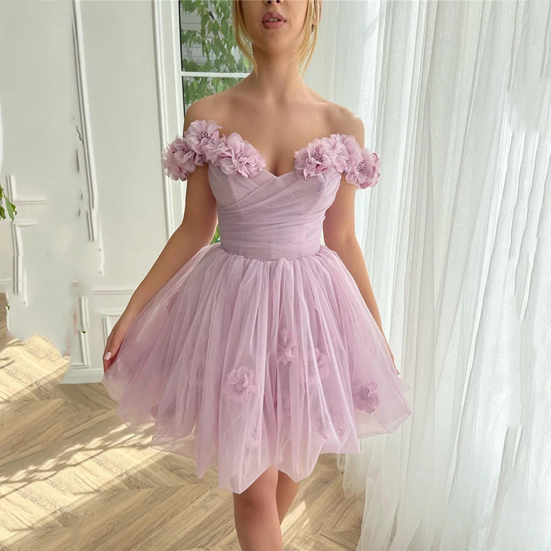 

Short Prom Dresses for Graduation Sexy Off the Shoulder Ruffled 3D Flowers Corset Cocktail Party Dress Mini Celebrity Gown