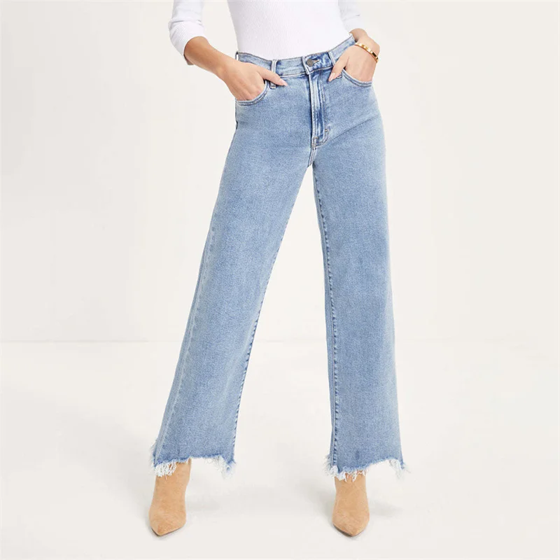 Summer Simple Style Blue Wide Leg Jeans Women Mid Waist Irregular Tassel Denim Pants Female Casual Korean Version Thin Trousers