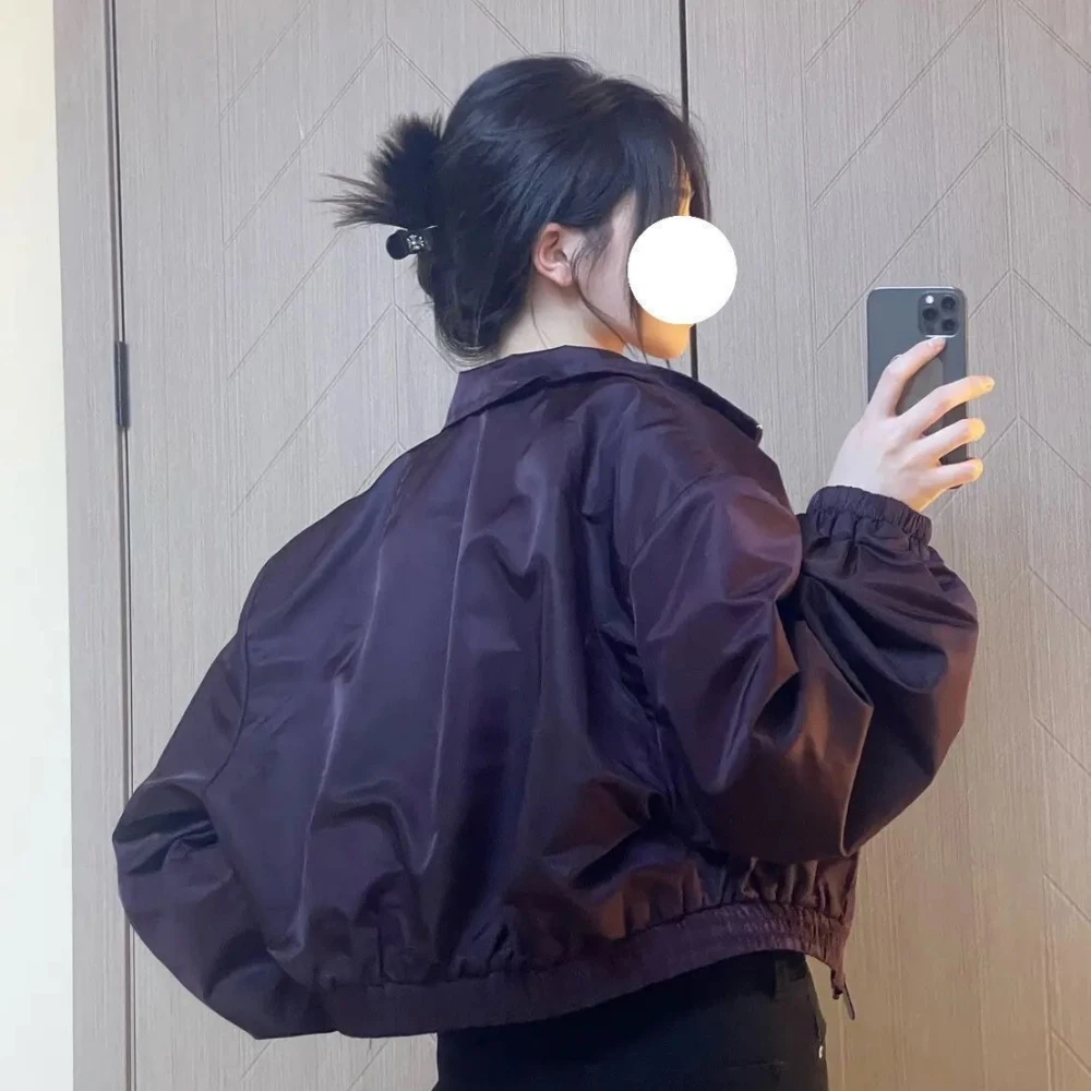 2023 New Short Women Coats Full Sleeves Outwear Solid Dark Purple Color Zipper Spring Autumn Baseball Jacket Korean Plus Size