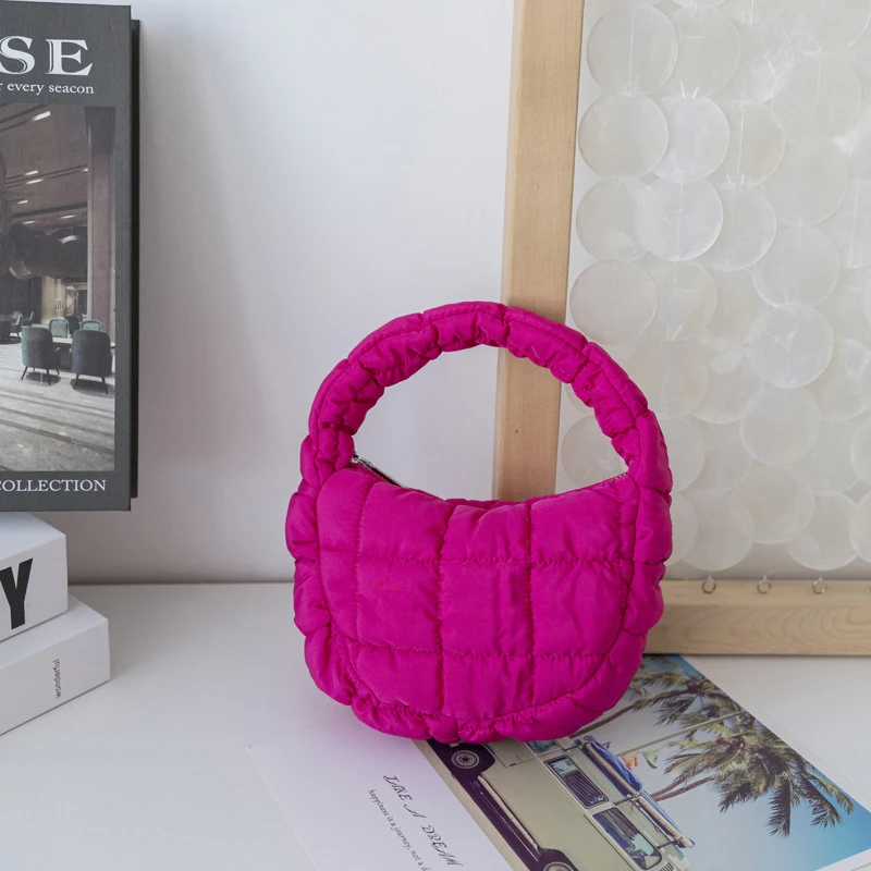 Elegant Quilted Mini Puffer Tote Bag in Purple Nylon