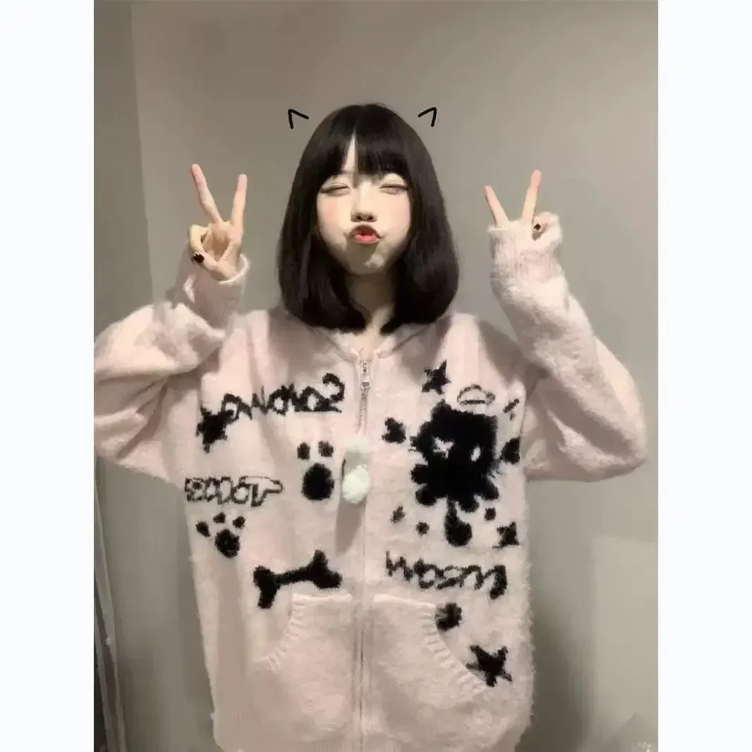 Y2K Harajuku Zipper Sweater Gothic Cat Graphic Oversized Hooded Long Sleeved Sweater Sweet Kawaii Hot Girl Autumn Winter Coat - Image 3