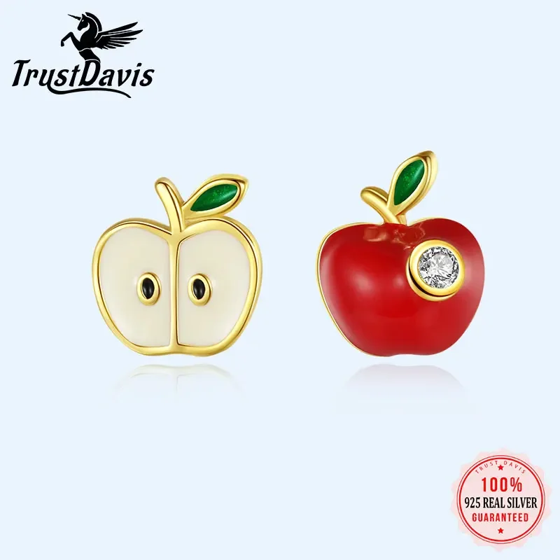 TrustDavis Real 925 Sterling Silver Fashion New Fruit Asymmetric Apple Stud Earring For Women Wedding Minimalist Jewelry DB114 silver earrings silver stud earrings womens earrings