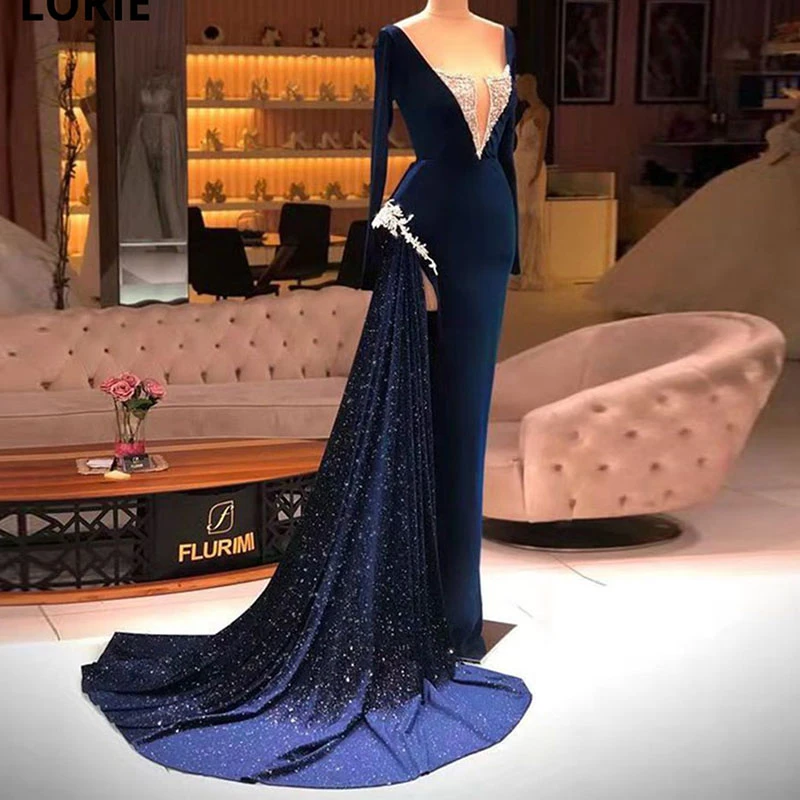 formal evening dresses Mermaid Long Plus Size 2022 Satin Prom Dresses With Glitter Arabic Cap Sleeves Sweep Train Navy Blue Formal Evening Gowns long evening dress
