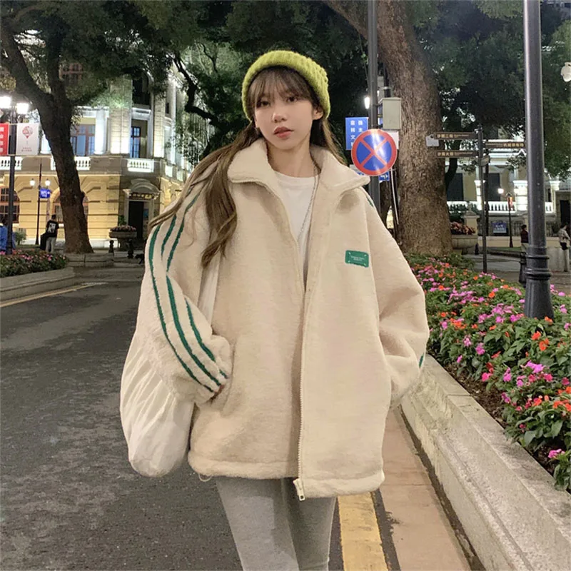 

2022 New Autumn And Winter Loose Versatile Lamb Hair Zipper Stand Collar · Thickened Warm Jacket Free Shipping