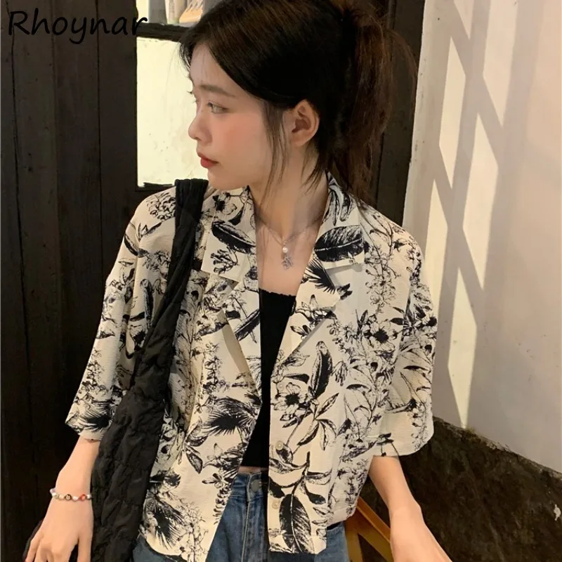 

Short-sleeve Shirts Women Retro Baggy Korean Style Summer Vacation Print Simple All-match Casual Personality Cool Girls Trendy
