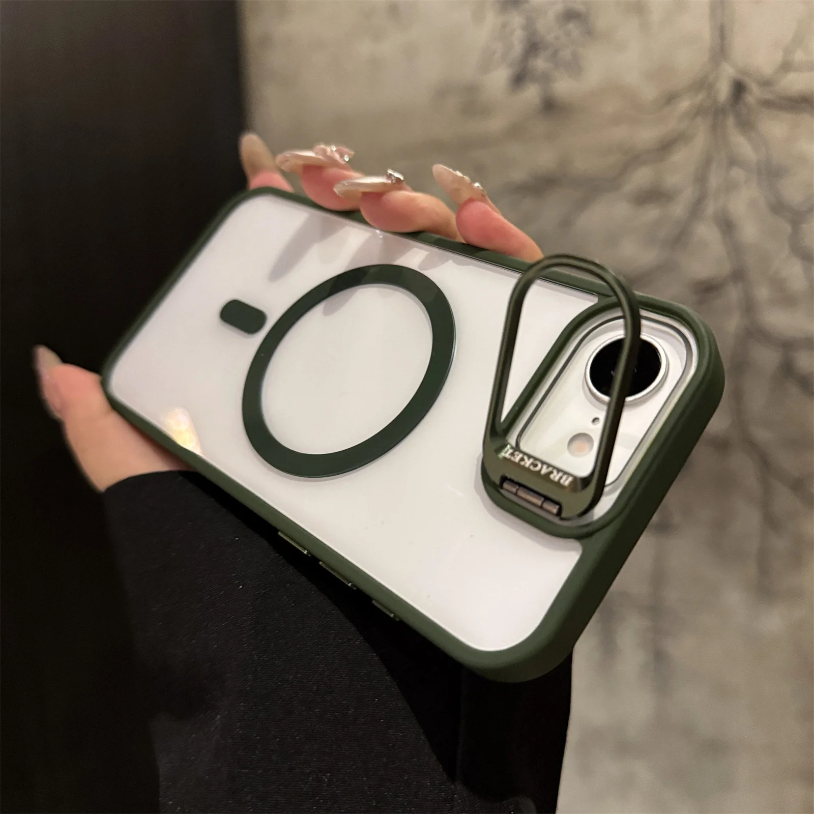 Magsafe-Compatible Clear Case with Metal Camera Frame Stand & Lens Protector