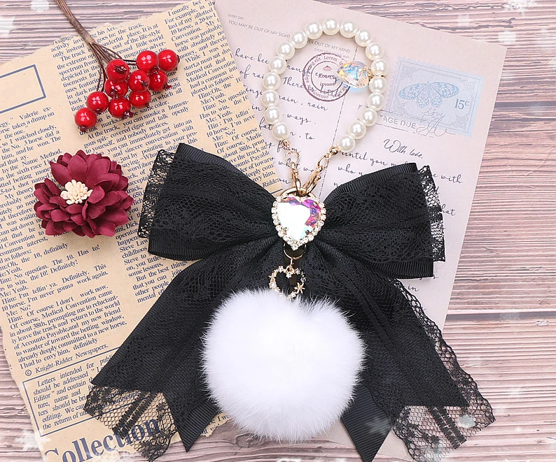 Japanese Style Beautiful Sweet Cute Bow Women's Accessories Fashion Elegant Lace Fur Stitching Beaded Pearl Handbag Pendant
