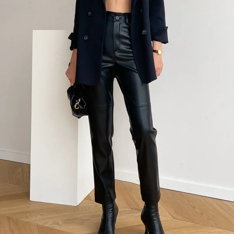 2023 New Genuine Sheepskin Leather Pants High Waist Real Sheep Leather Straight Leg Pants E72