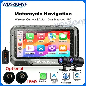Schermo di Navigazione per Moto da 3,4 Pollici con CarPlay e Android Auto Wireless, GPS, Controllo Remoto, Impermeabile IP67, TPMS Opzionale, Display per Moto