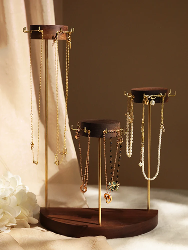 Jewellery-Display-Stand-Walnut-Brass-Hooks-Vintage-Necklace-Rack-String ...