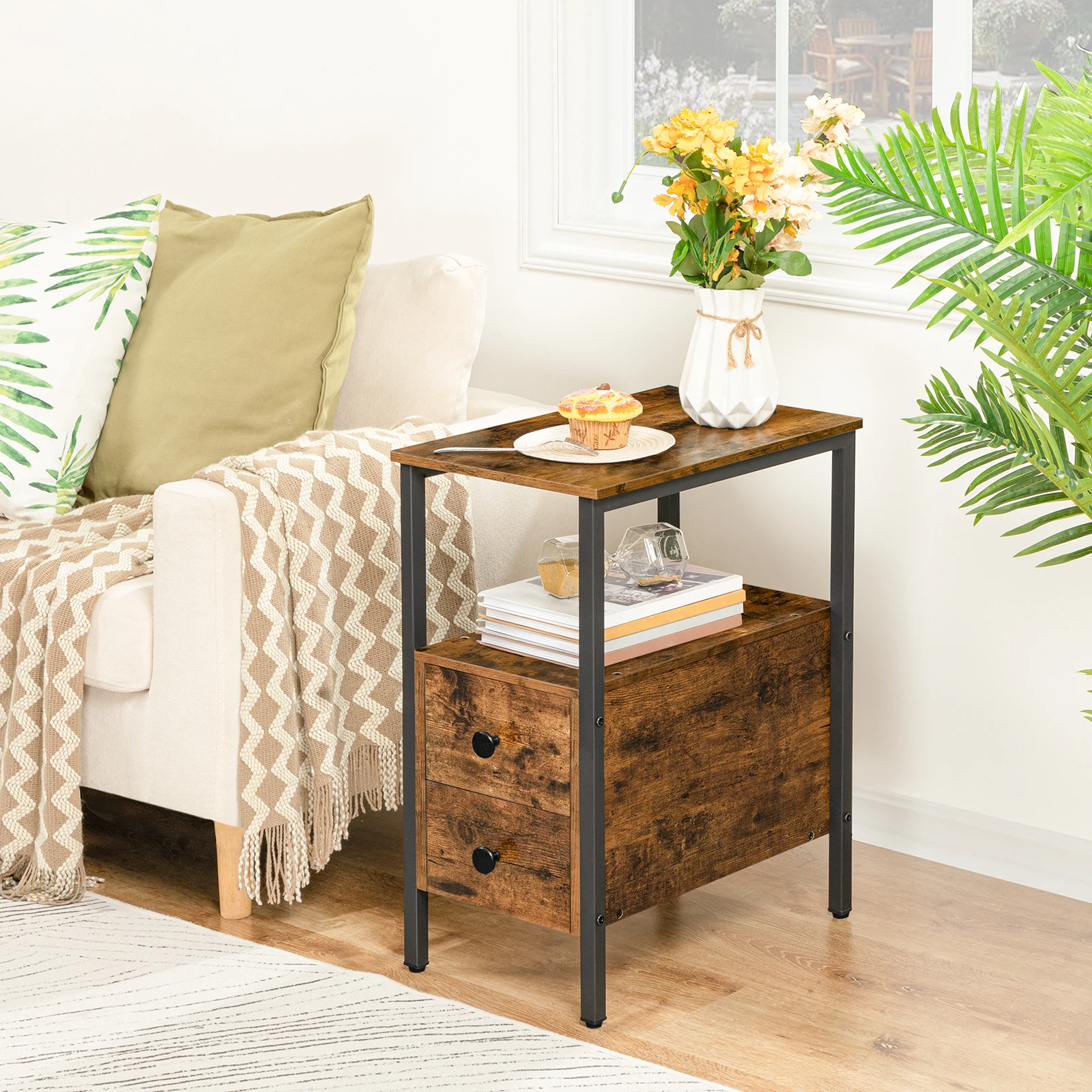HOOBRO End Table Narrow Chairside Table with Drawer and Open Storage Shelf Nightstand for Small Spaces Wood Accent Furniture