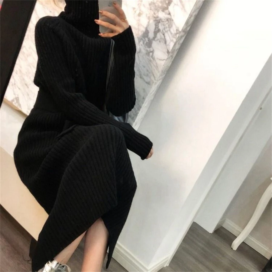 Turtleneck Loose Knitted Sweater Dress Korean Knitwear Long Dresses Thick Elegant Casual Vestidos Women Fall Winter New Robe