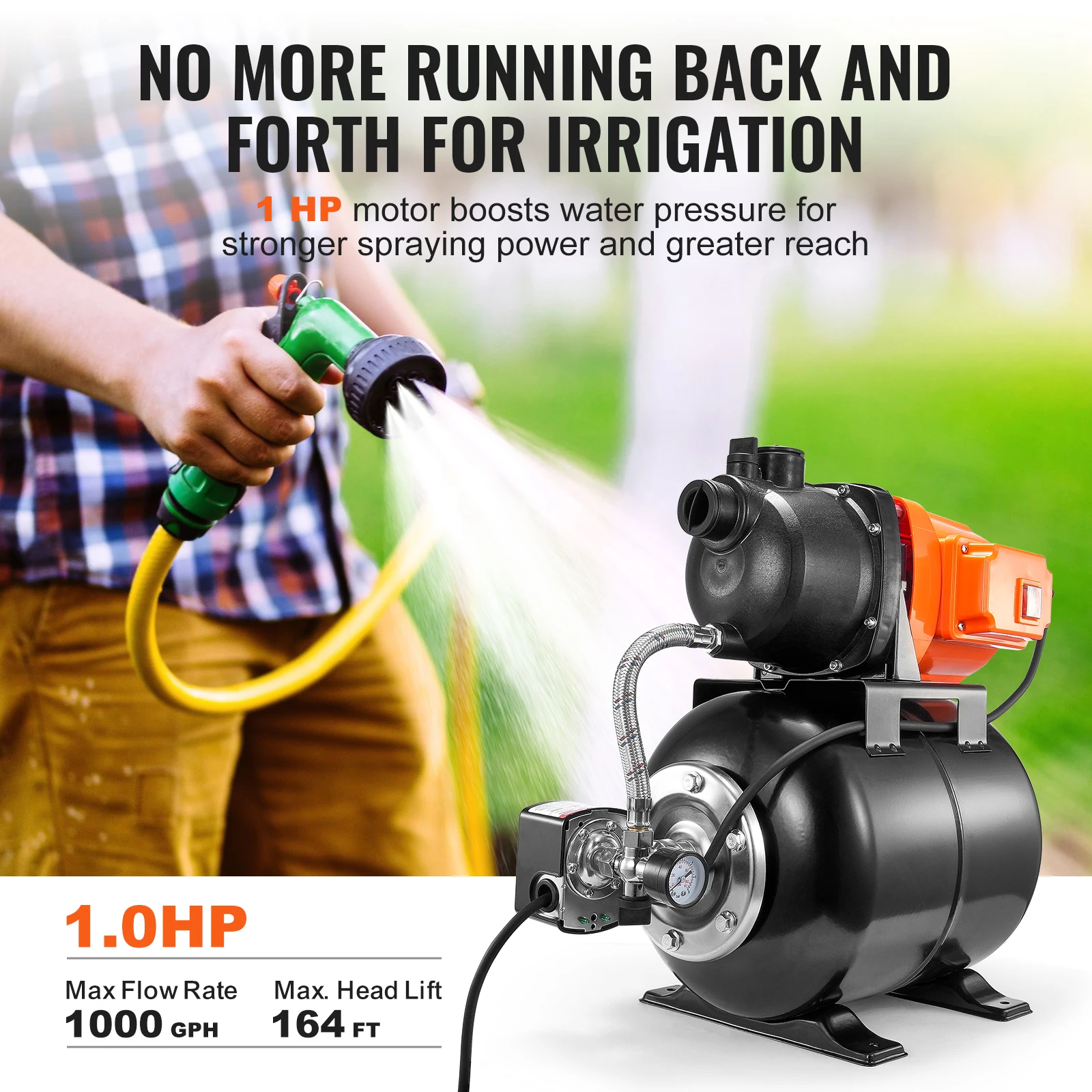 1 HP Shallow Well Pump 5 Gal Tank 1000 GPH Automatic Irrigation Water Booster Pump Home Garden