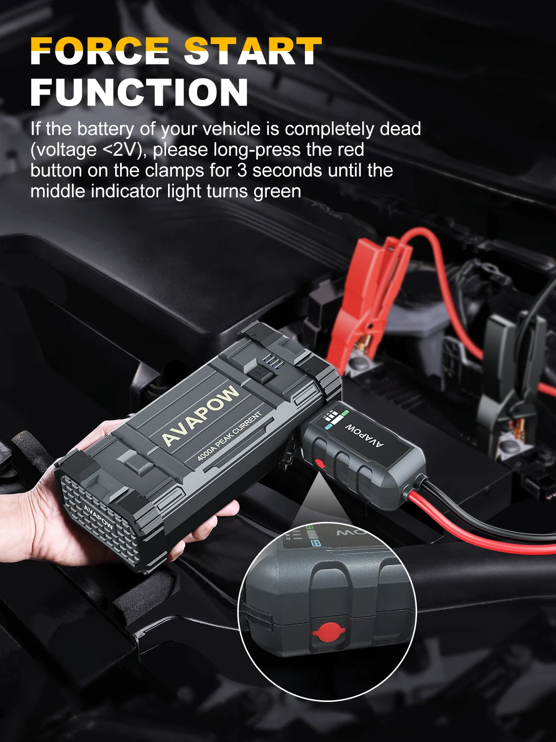 AVAPOW 4000A Car Jump Starter: Portable Power Pack for Gas & Diesel Engines, 12V, with LED Light & USB Quick Charge 3.0.