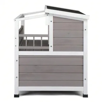 Outdoor Wood 2-Floor Cat Condo Pet House Kitty Shelter With Stairs Balcony 4