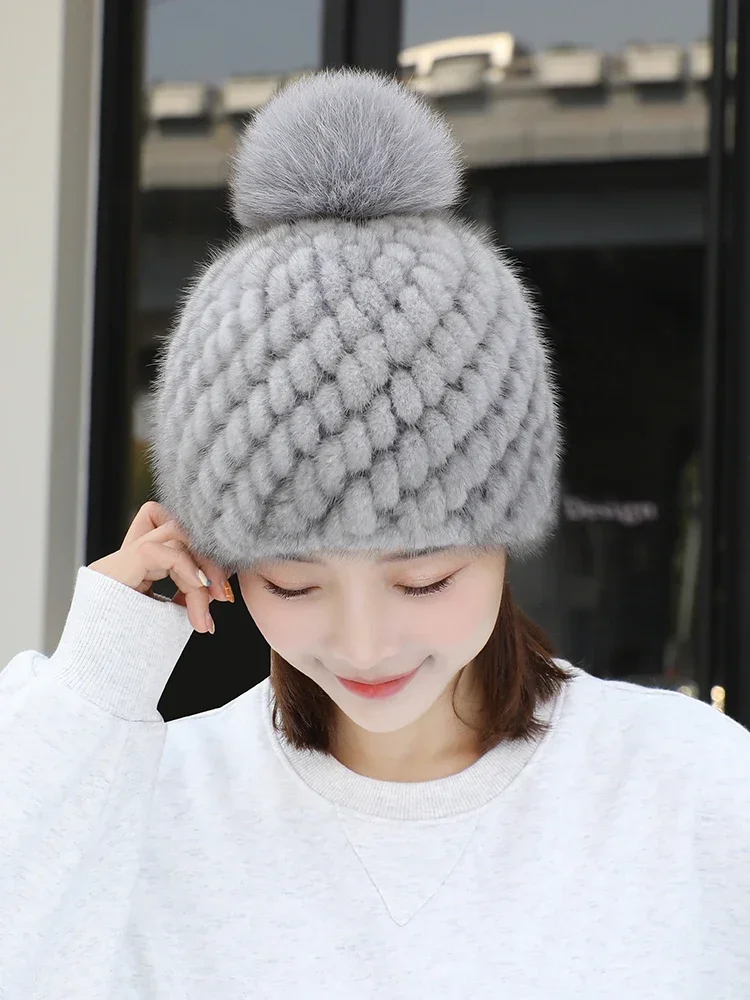 

Real Mink Fur Hat for Women Female Fur Cap Ladies Winter Trapper Knitted Mink Fur Beanie with Fox Fur Pompoms Girls Bonnet Hats