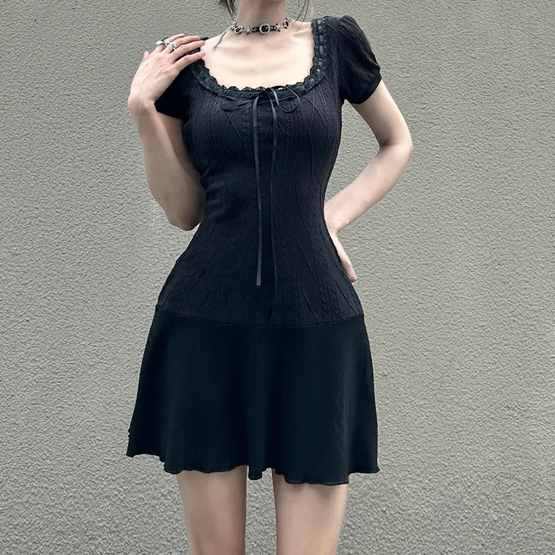 

Clinkly Black Twist Knit Lace Up Mini Dress Cotton Short Sleeve y2k Aesthetic Sweet Bodycone Dresses for Women Fashion Korean