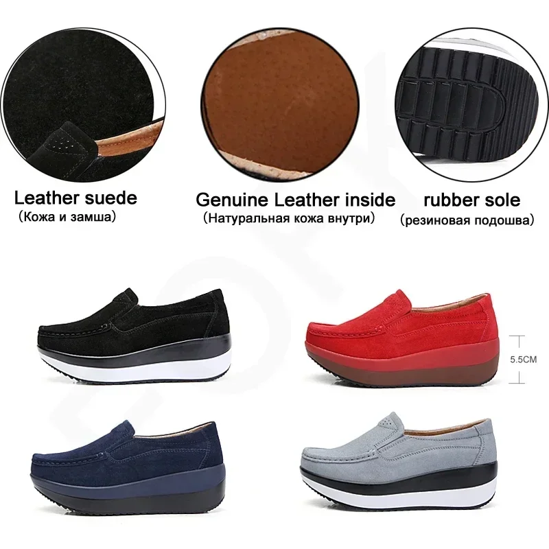 Platform Flat Shoes Women Thick Sole Women Loafers Suede Leather Footwear Comfort Wedge Moccasins Slip on Casual Shoes