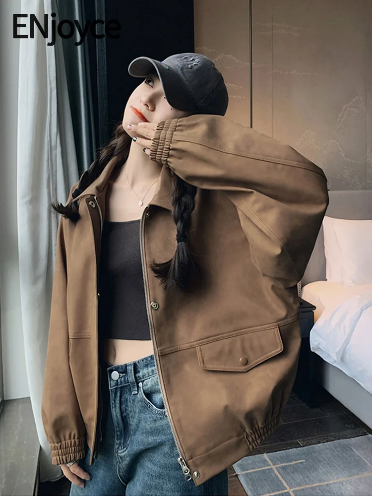 

Женская куртка на молнии ENjoyce, винтажная флисовая куртка с отложным воротником, Повседневная Уличная куртка в корейском уличном стиле для осени