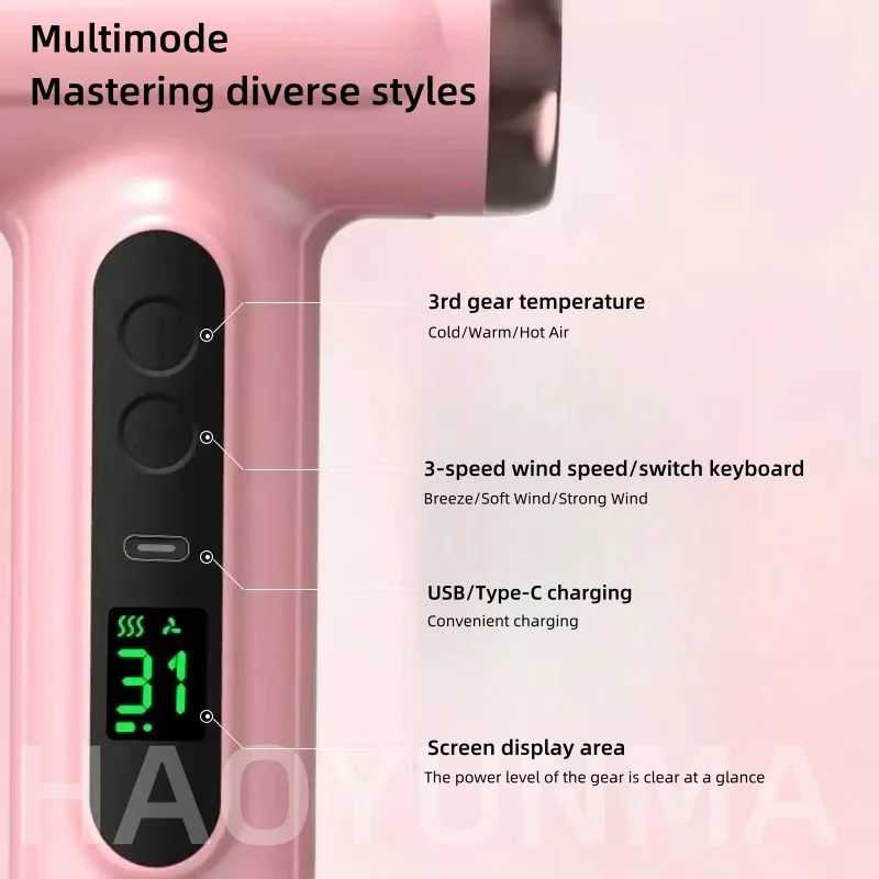 Portable USB Rechargeable Wireless Hair Dryer For Children's Dormitories Outdoor Travel With Strong Wind Powerful Blue Light 6