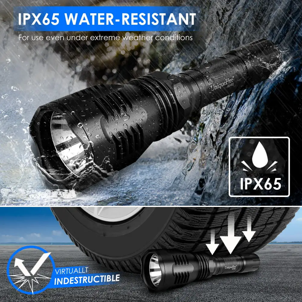 UniqueFire HS-802 LED 손전등, 야외 스포츠 비상 캠핑용, 18650 배터리 토치 포함, 2200LM 강력한 백색광