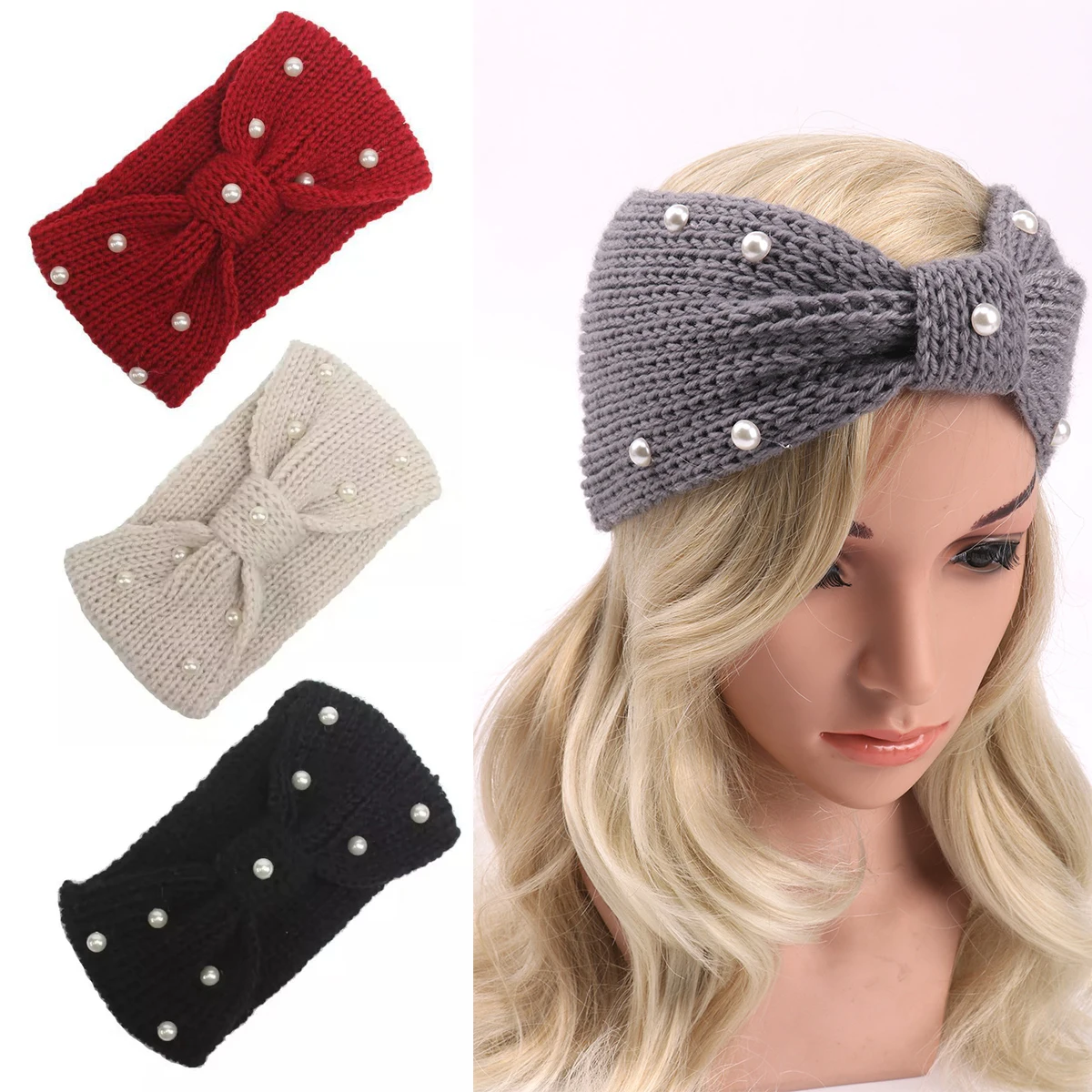 2023 New Warmer Ear Knitted Headband Turban For Lady Women Crochet Bowknot Rhinestone Hairband Headwrap Hair Accessories fashion japanese sweet lady hair clips heart shape rhinestone hair pin wooden ear hairpins side clip hair accessories for women