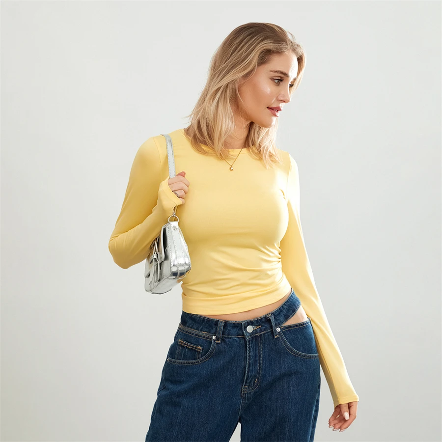 Camisetas básicas de Color liso para mujer, camisetas informales de manga larga, jerséis ajustados para otoño y primaver