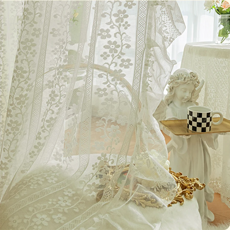 White Dots Romantic Ruffle Edge Voile Curtains for Girl Room French Vintage  Lace Light Filtering Mesh Tulle Window Bedroom Drape - AliExpress, image size:900x900