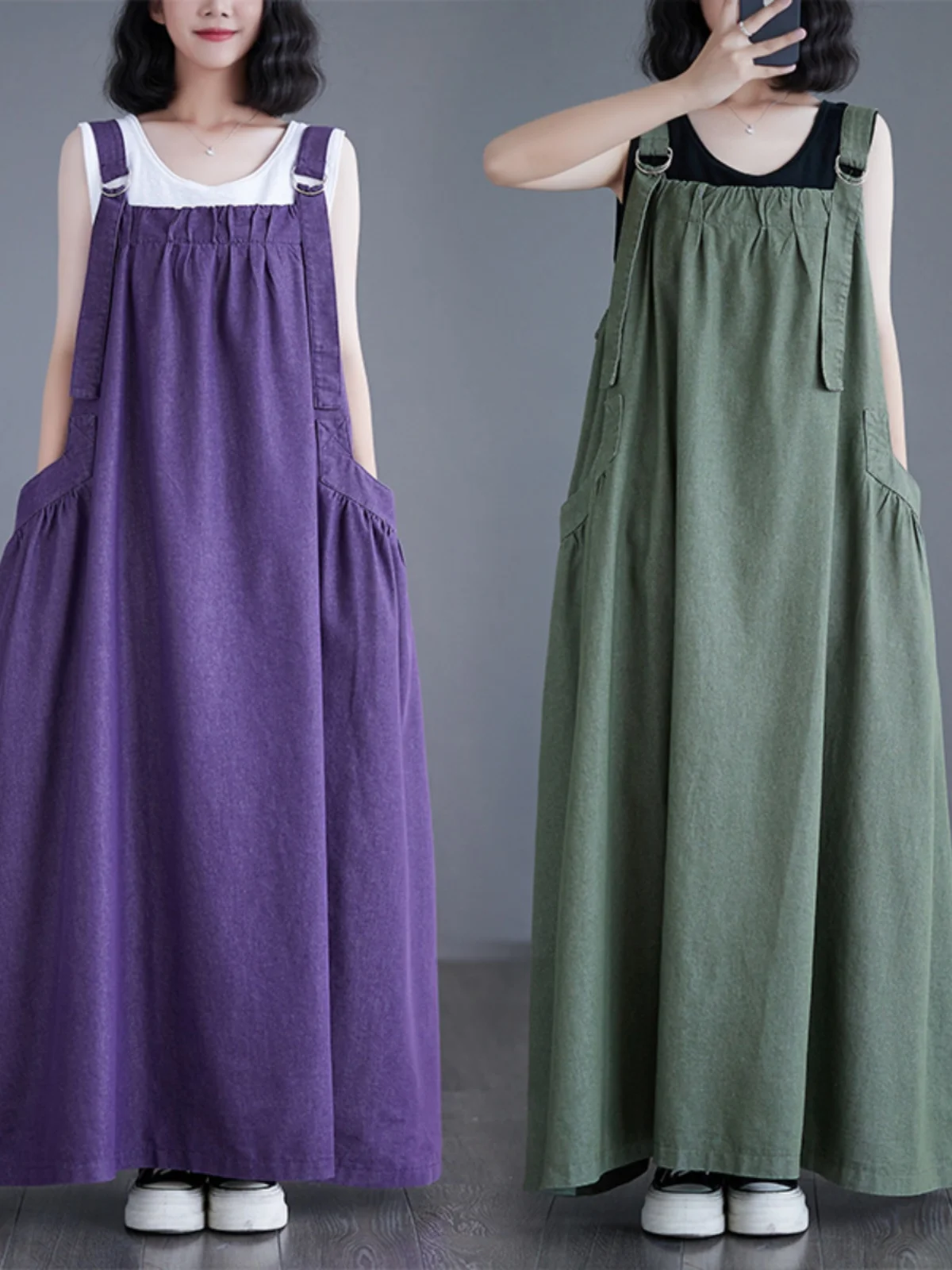 

522 Spring Summer Fashion Loose 90kg Women'S Overalls Solid Color Simple Double Pockets Casual Female Dresses Suspender Skirt ﻿