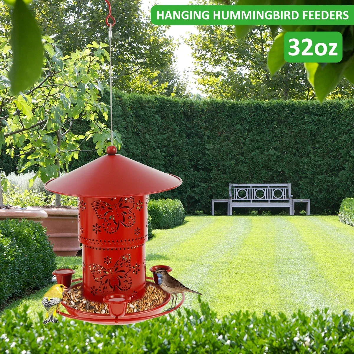 Metal Bird Feeder 32oz Adjustable Hummingbird Feeder with 3 Water Cups and S Hook Weather-Resistant Outdoor Hanging Wild Bird
