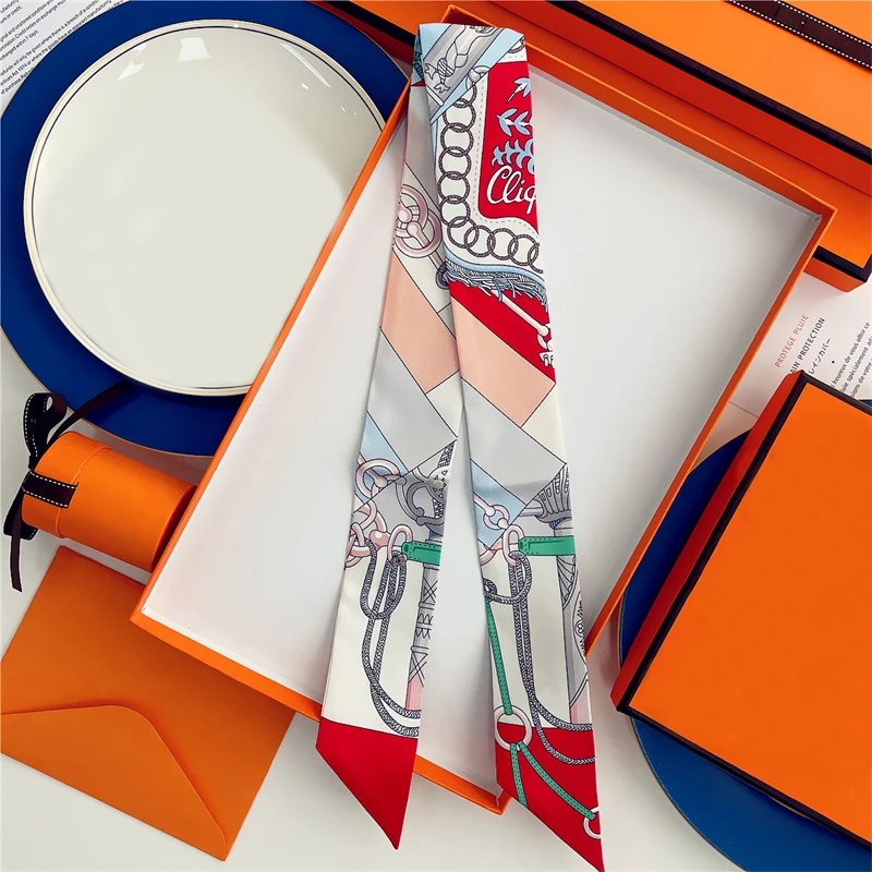 2025, Marke Design Ketten Frauen Maulbeerseide Schal Luxus Schal Mode Haar Stirnband Foulard Dünne Tasche Schals Halstuch – Detail 7