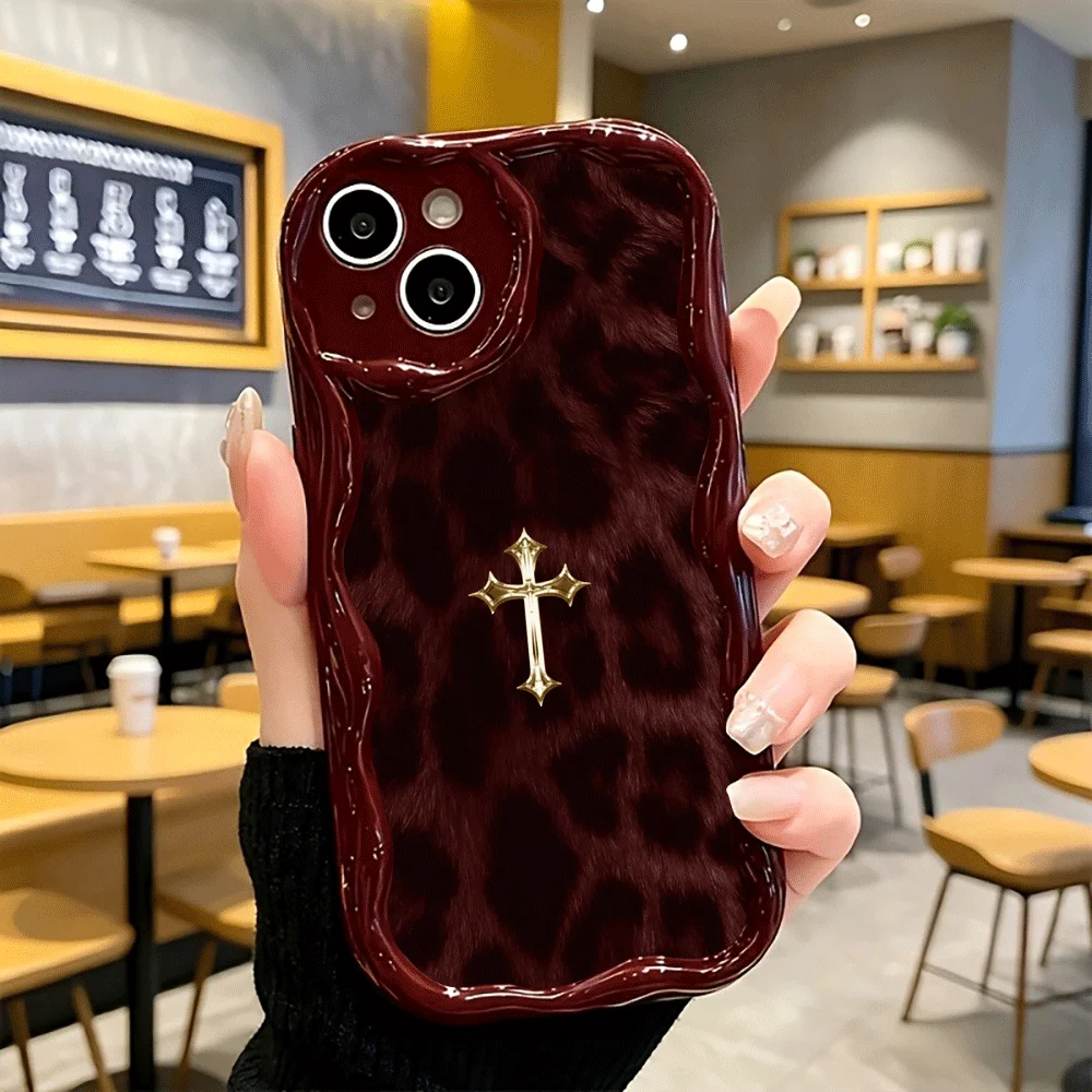 Shockproof Soft Cream Wavy Leopard Metallic Fur Cross Phone Case