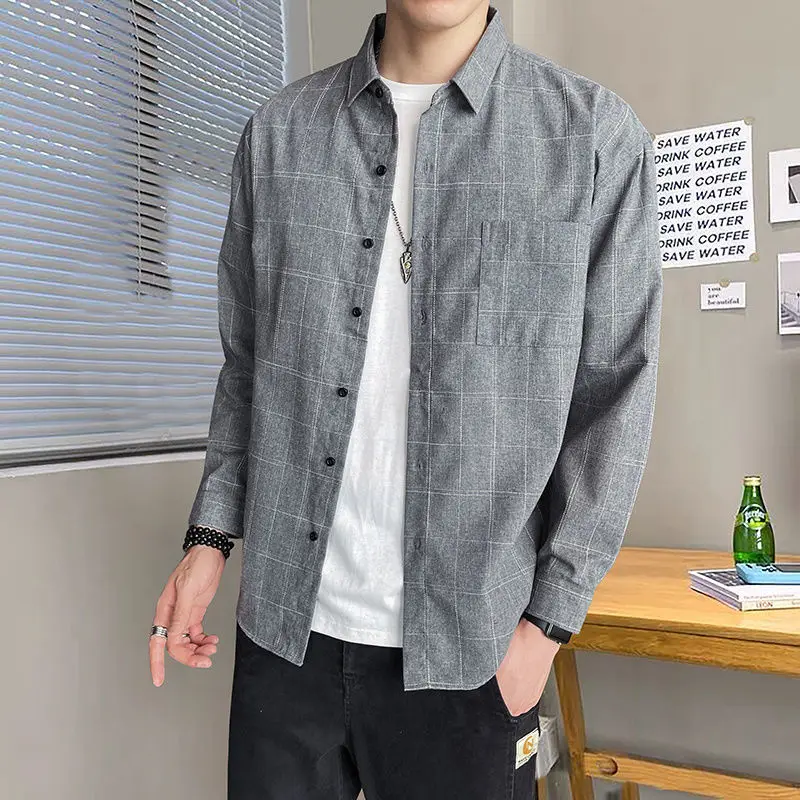 thumbnail image 1 of Camisa y blusa para hombre, manga larga, para hombre, con bolsillo, a cuadros, marca barata, botones, ropa de lujo original, estética social, cuello, 1 of 5