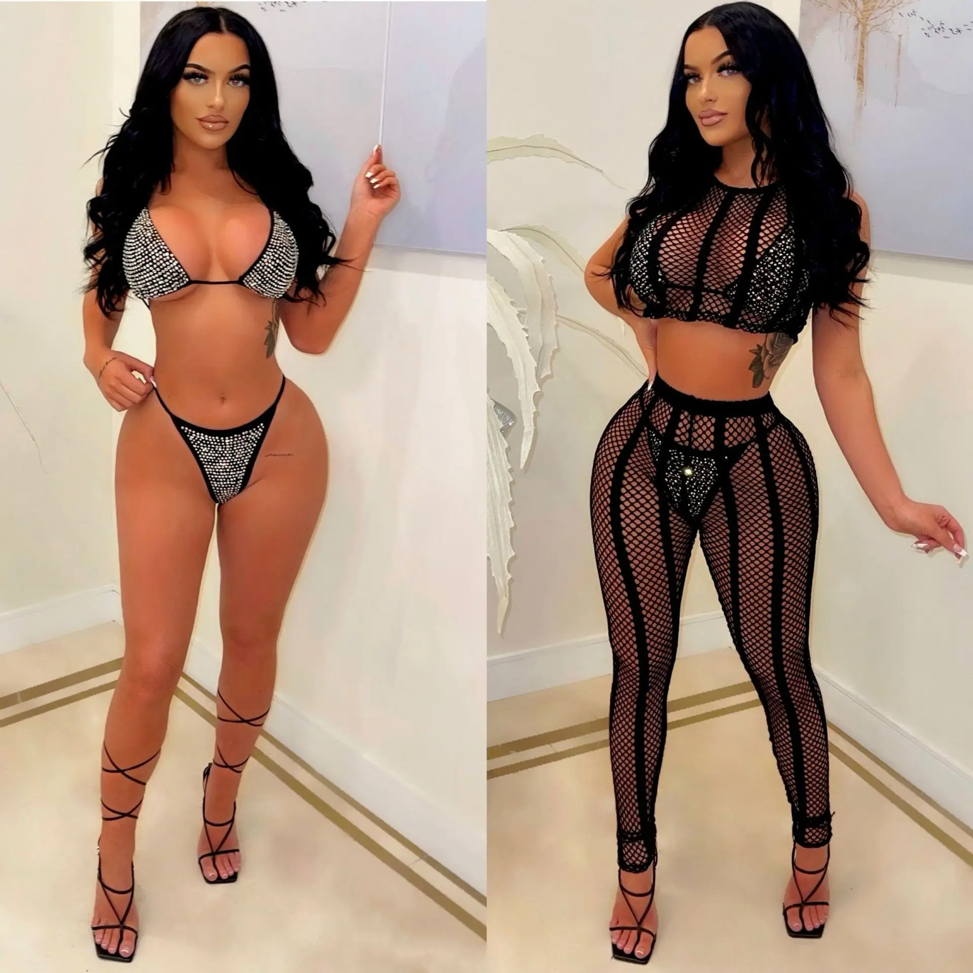 

4 Piece Bikinis Bathing Suit Women Rhinestone Swimwear Mesh Cover Up + Bra + Panties + Fishnet Beach Outfits