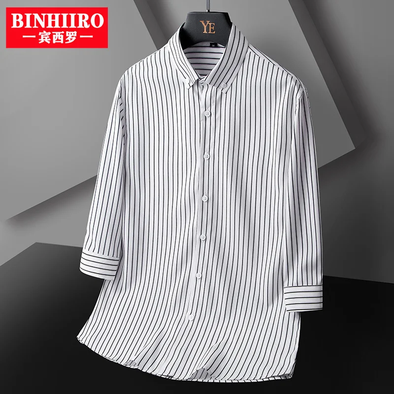 

BINHIIRO Men's Standard-Fit Seventh Sleeve Casual Stripes Shirt Single Button-down Collar Comfortable Breathable Shirt Men Shirt