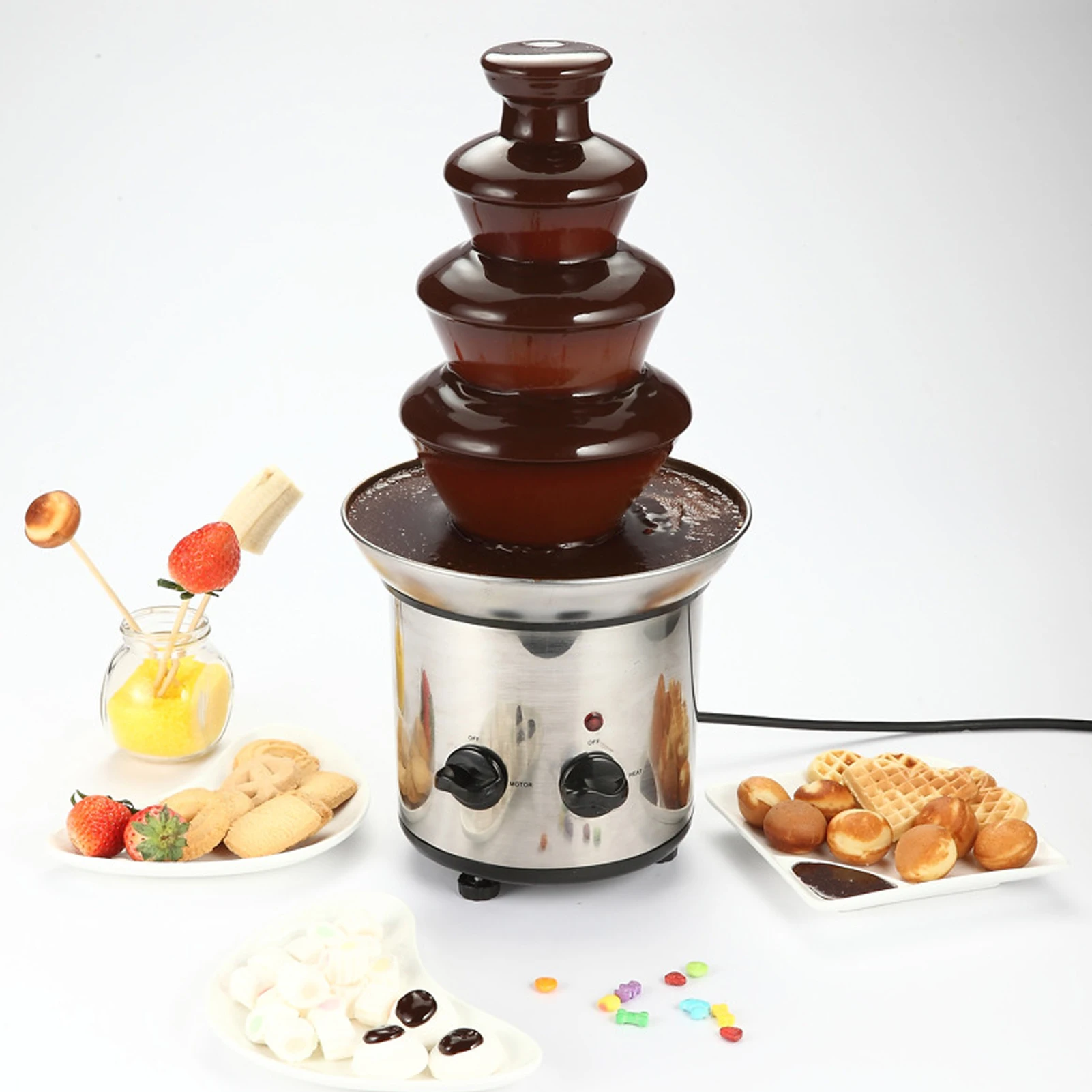 Chocolate Fountain 4 Tiers Electric Melting Machine Fondue Pot Set for Chocolate Candy Ranch Nacho Cheese 220V