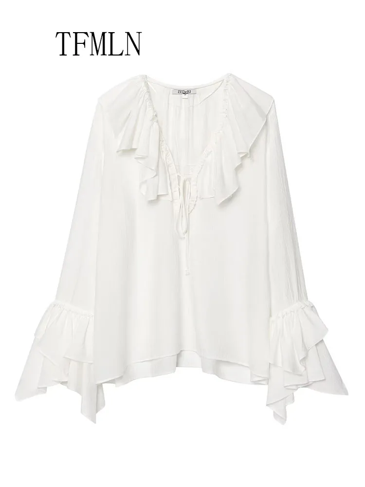 TFMLN 2025 Summer Women Tierred Ruffles Blouses Fashion Chic Causal V-neck Flare Sleeve Pullover Tops Sweet High Street Thin Top