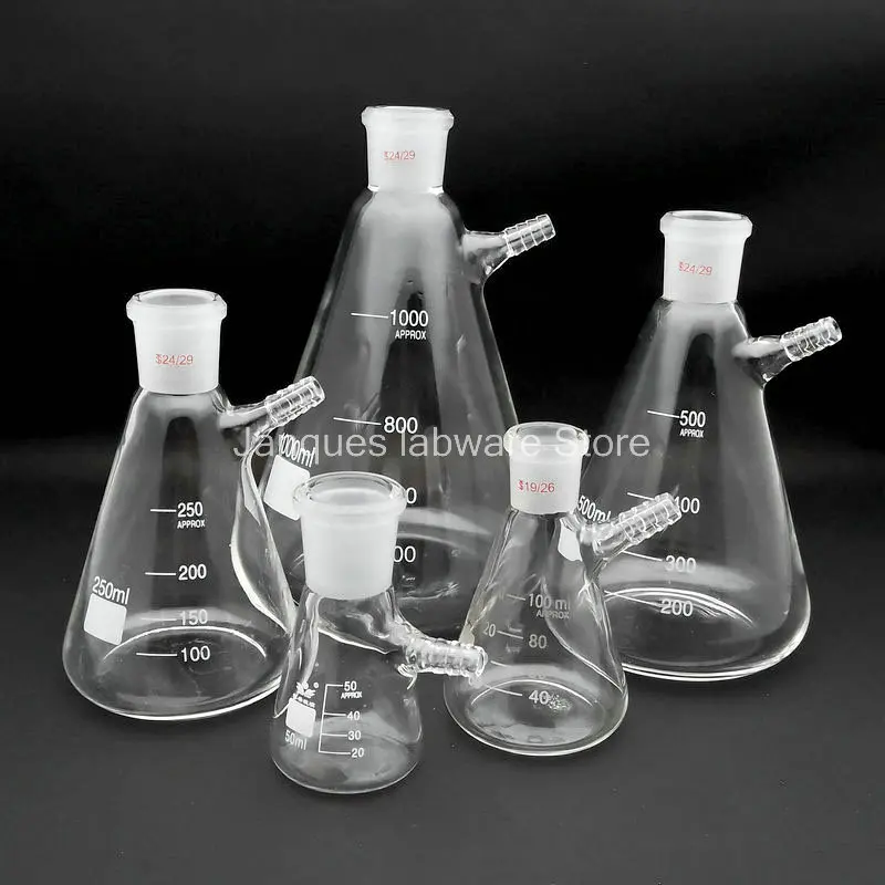 1pcs 50ml to 2000ml Glass Conical Flask with suction filter nozzle Laboratory Frosted mouth filter Bottle