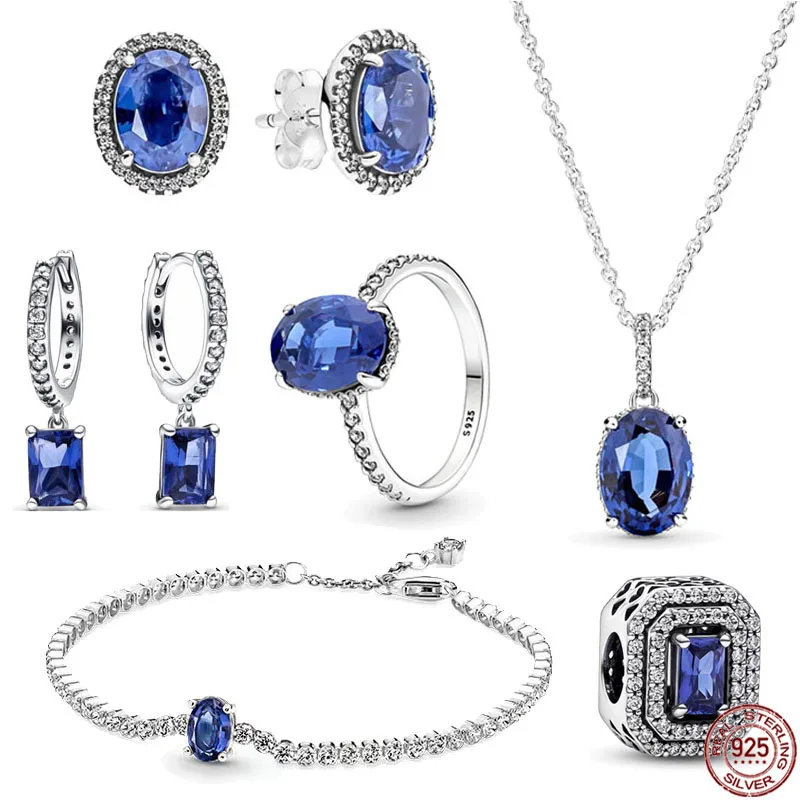 

The new 925 sterling silver luxurious blue zircon bracelet necklace set is fit for women's holiday anniversary jewelry