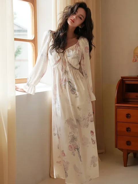 Women Spring Long Flare Sleeve Silk Pajama Dress Print V-neck Lace-up Fairy Backless Princess Sleepwear Nightgowns Home Clothes