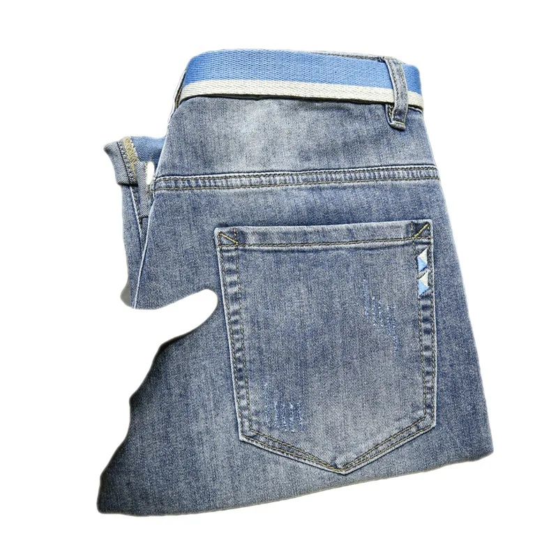 2024 Spring And Summer Light Luxury High-End Men'S Jeans Tide Simple Loose Straight Hole Patch Trend Casual Fashion Slim Denim