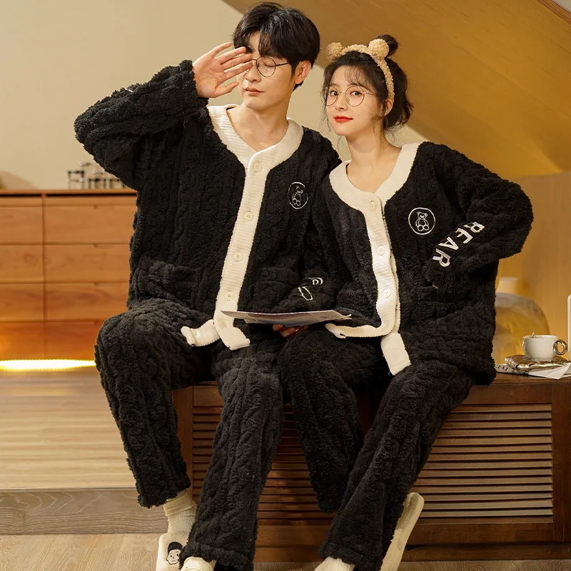 Kimono Winter Coral Fleece Sleepwear for Couples Women and Men Matching Pajamas Set Thicken Homewear Male Female Pijamas Mujer