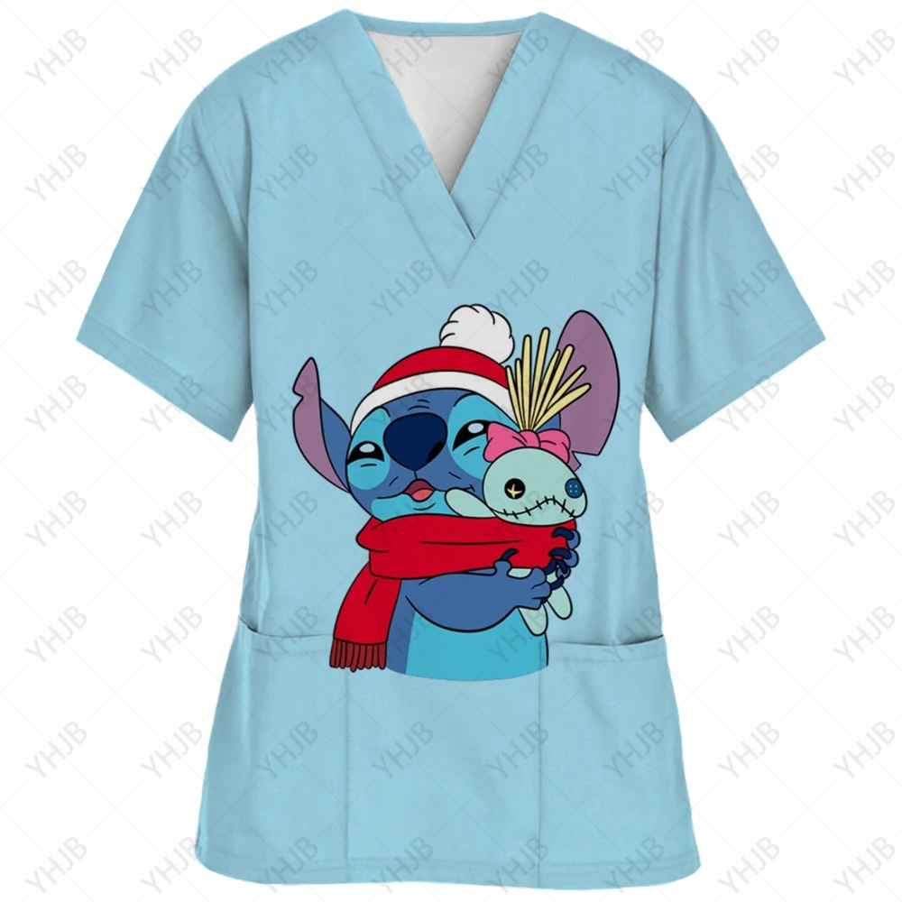 thumbnail image 1 of Blusa de uniforme de trabajo con cuello en V y cordón de manga corta con estampado de dibujos animados de Disney Stitch para mujer, 1 of 5