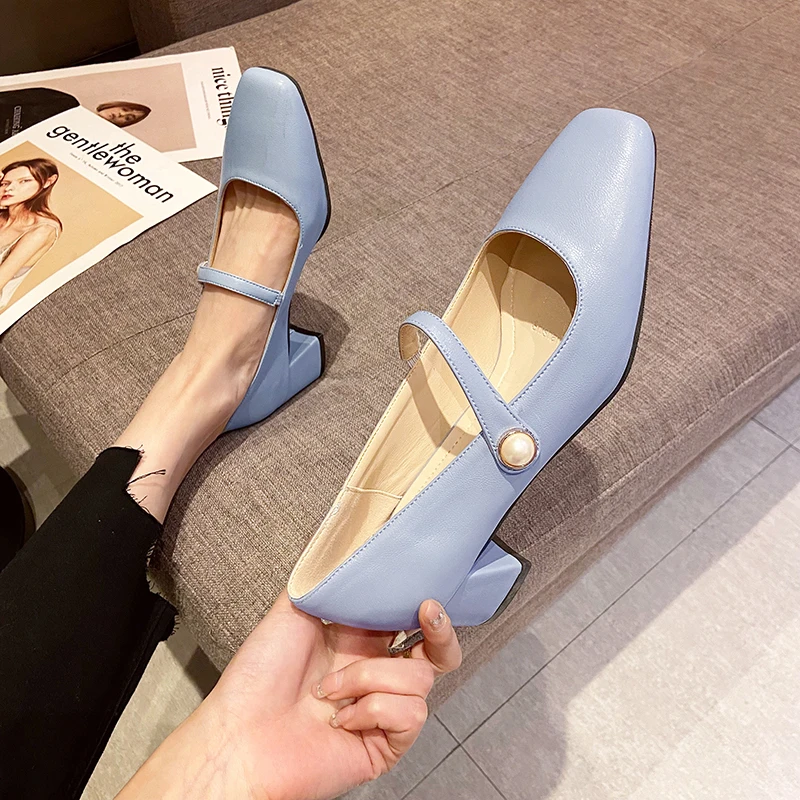 Solid Color Med Heels Mary Jane Shoes for Women Elegant Square Toe Patent Leather Shoes Woman 2022 Spring Autumn Shallow Pumps