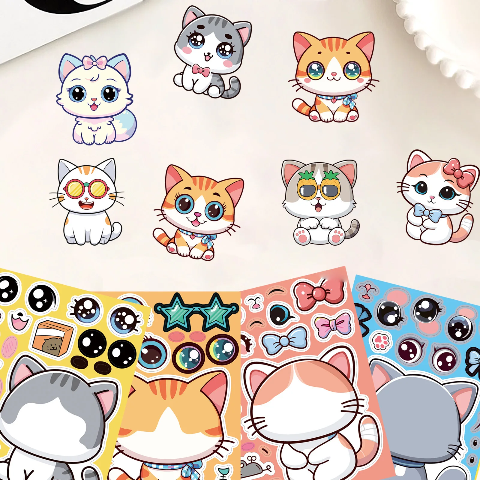 8장/팩 고양이 얼굴 변신 스티커 DIY 퍼즐 데칼 휴대폰 노트북 여행 가방 냉장고 장식 스티커