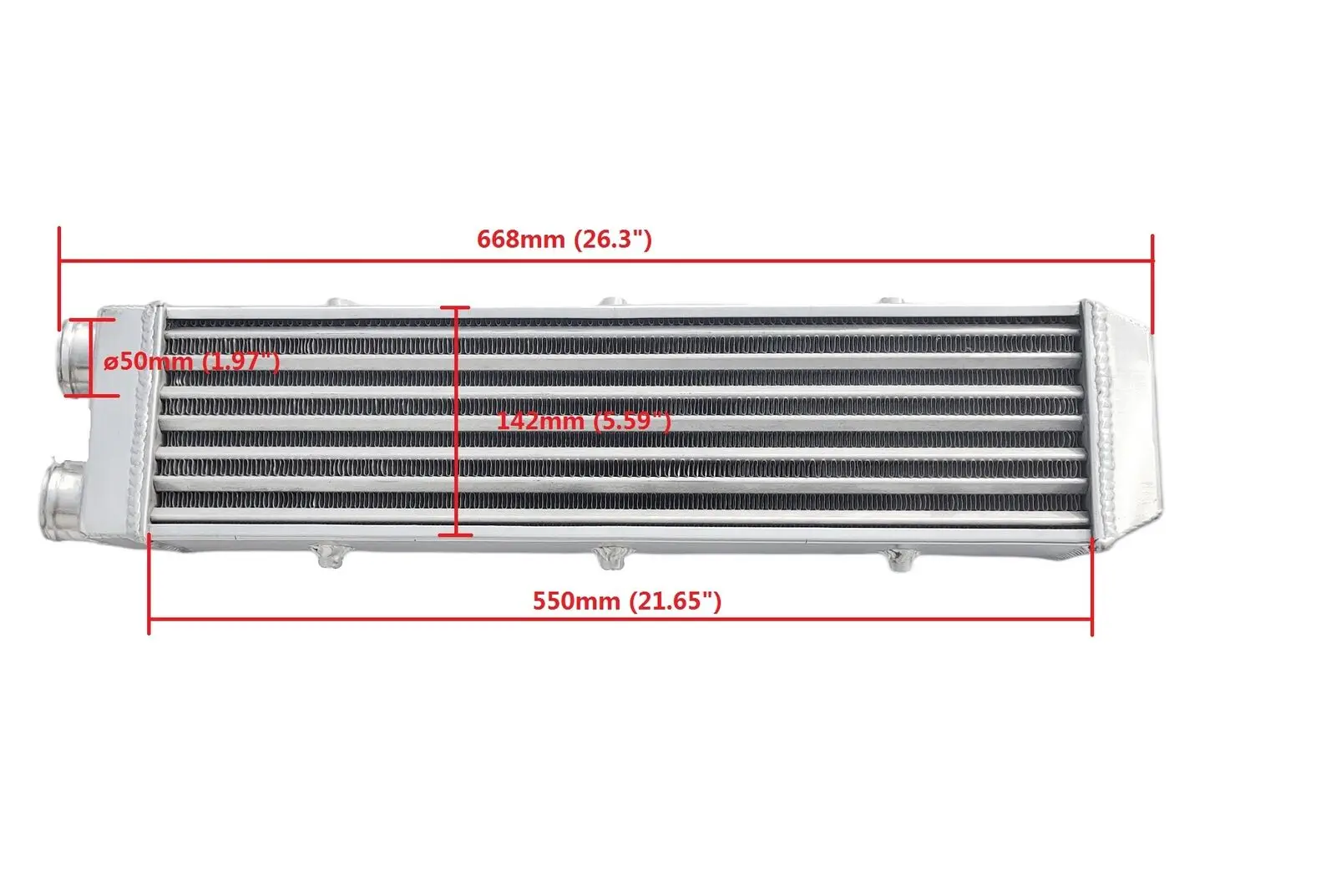 

Aluminum Turbo Intercooler 26"x7"x2.75" Tube Fin Design One Sided 2" in/outlet